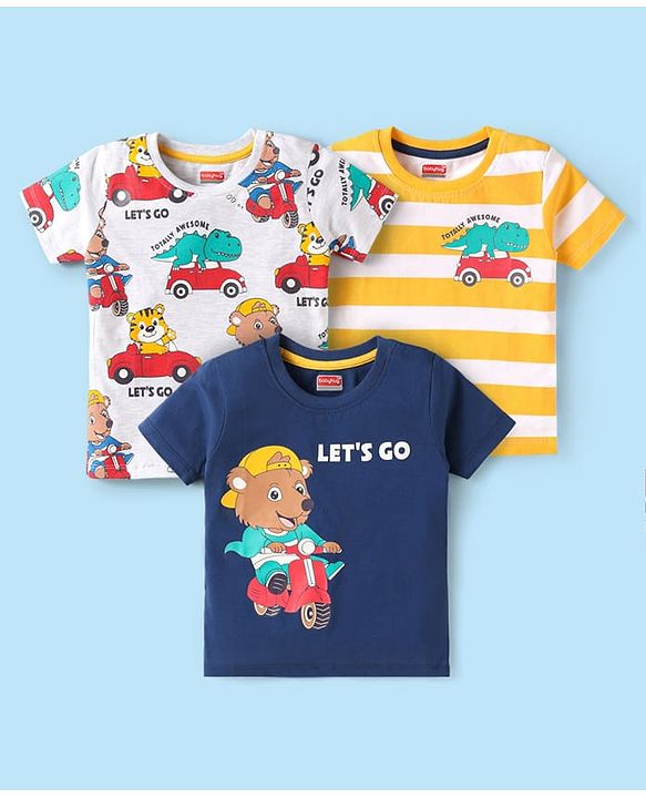 Babyhug Cotton Knit Half Sleeves T-Shirts with Animal Print & Stripes Pack of 3 - Navy Blue White & Yellow