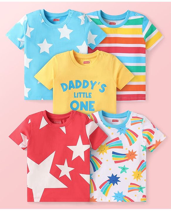 Babyhug Cotton Knit Half Sleeves  T-Shirts with Stripes & Star Print Pack of 5 - Blue Red & Yellow