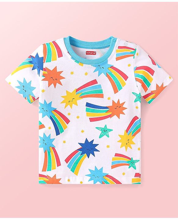 Babyhug Cotton Knit Half Sleeves  T-Shirts with Stripes & Star Print Pack of 5 - Blue Red & Yellow