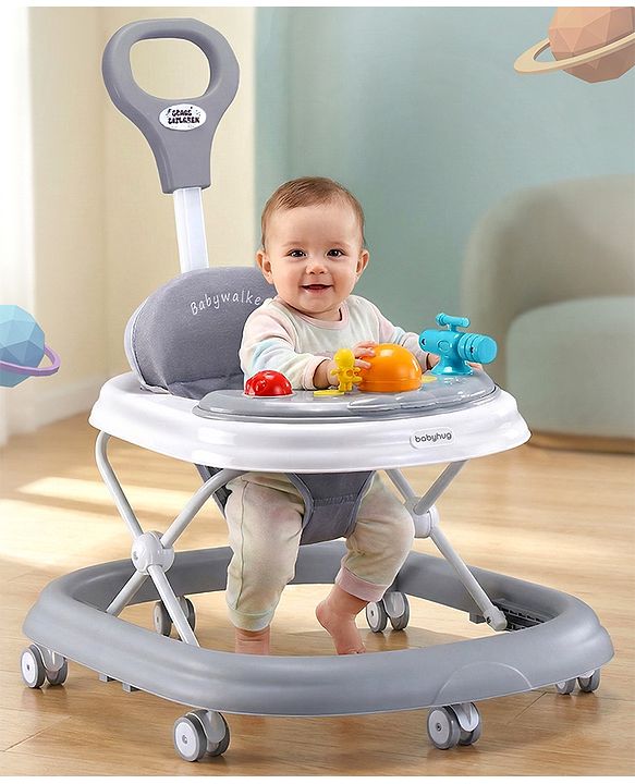 Babyhug Foldable Space Baby Walker with Parental Push Handle & Musical Toy Bar - Grey| Cushion Seat| Adjustable Height| Smooth Swivel Wheels| Removable Parental Handle