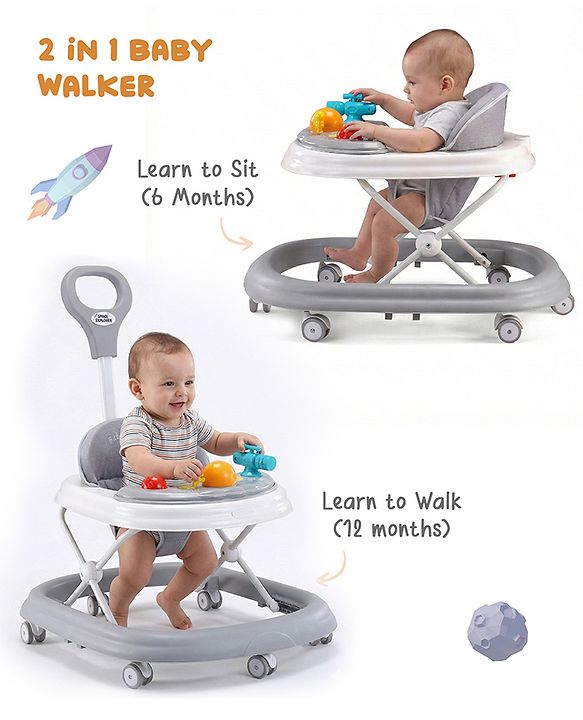 Babyhug Foldable Space Baby Walker with Parental Push Handle & Musical Toy Bar - Grey| Cushion Seat| Adjustable Height| Smooth Swivel Wheels| Removable Parental Handle