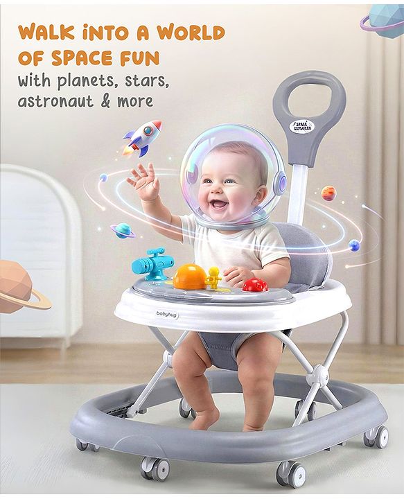Babyhug Foldable Space Baby Walker with Parental Push Handle & Musical Toy Bar - Grey| Cushion Seat| Adjustable Height| Smooth Swivel Wheels| Removable Parental Handle