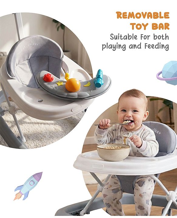 Babyhug Foldable Space Baby Walker with Parental Push Handle & Musical Toy Bar - Grey| Cushion Seat| Adjustable Height| Smooth Swivel Wheels| Removable Parental Handle