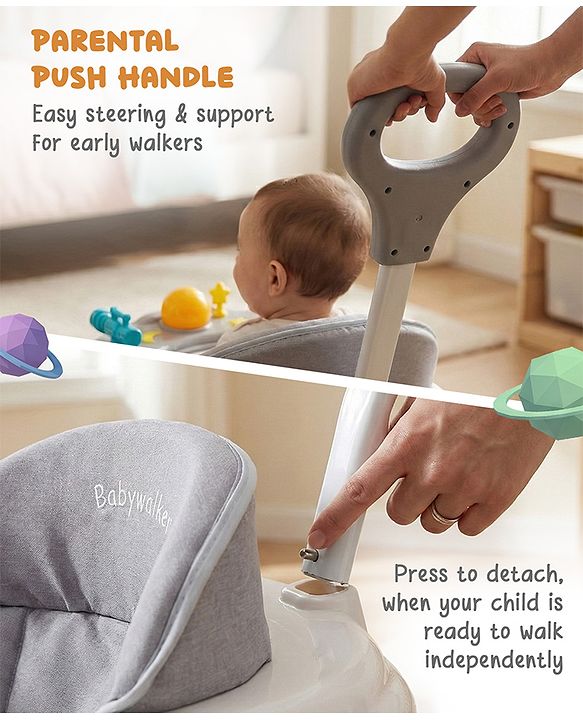 Babyhug Foldable Space Baby Walker with Parental Push Handle & Musical Toy Bar - Grey| Cushion Seat| Adjustable Height| Smooth Swivel Wheels| Removable Parental Handle