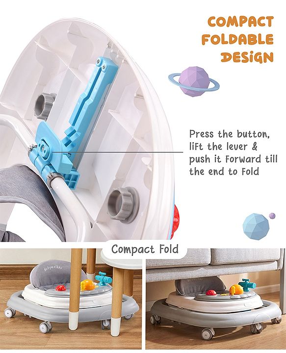 Babyhug Foldable Space Baby Walker with Parental Push Handle & Musical Toy Bar - Grey| Cushion Seat| Adjustable Height| Smooth Swivel Wheels| Removable Parental Handle