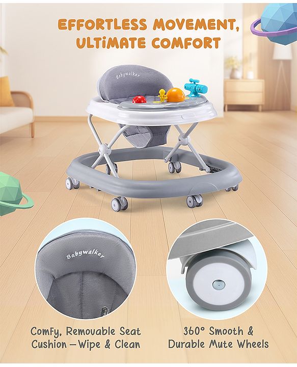 Babyhug Foldable Space Baby Walker with Parental Push Handle & Musical Toy Bar - Grey| Cushion Seat| Adjustable Height| Smooth Swivel Wheels| Removable Parental Handle