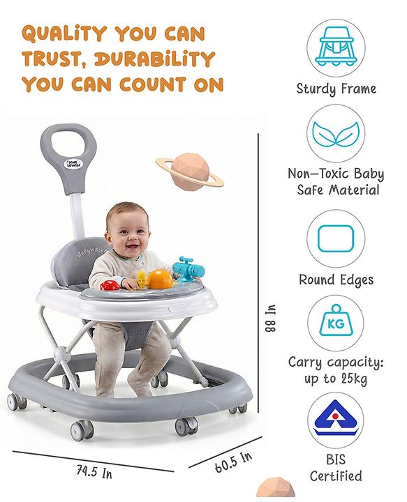 Babyhug Foldable Space Baby Walker with Parental Push Handle & Musical Toy Bar - Grey| Cushion Seat| Adjustable Height| Smooth Swivel Wheels| Removable Parental Handle