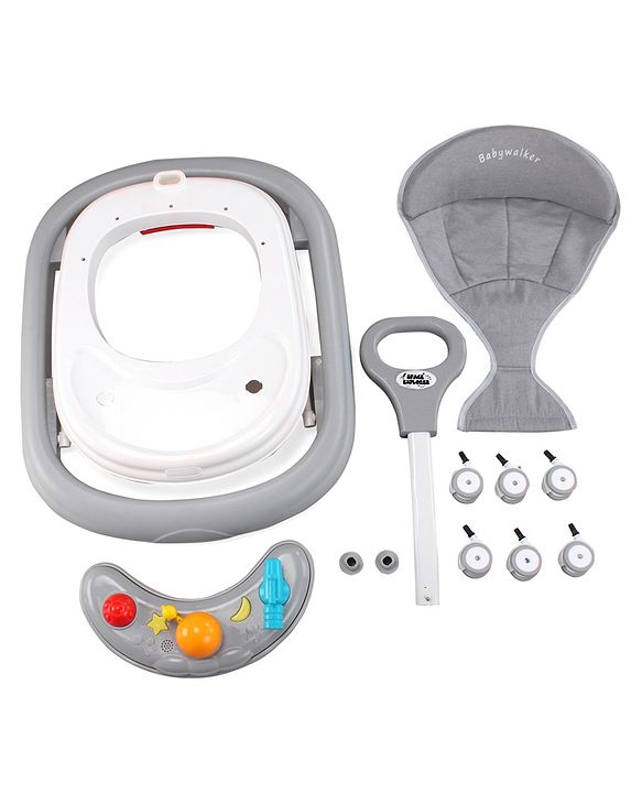 Babyhug Foldable Space Baby Walker with Parental Push Handle & Musical Toy Bar - Grey| Cushion Seat| Adjustable Height| Smooth Swivel Wheels| Removable Parental Handle