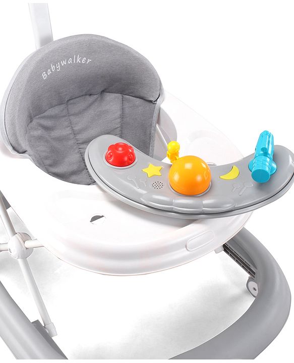 Babyhug Foldable Space Baby Walker with Parental Push Handle & Musical Toy Bar - Grey| Cushion Seat| Adjustable Height| Smooth Swivel Wheels| Removable Parental Handle