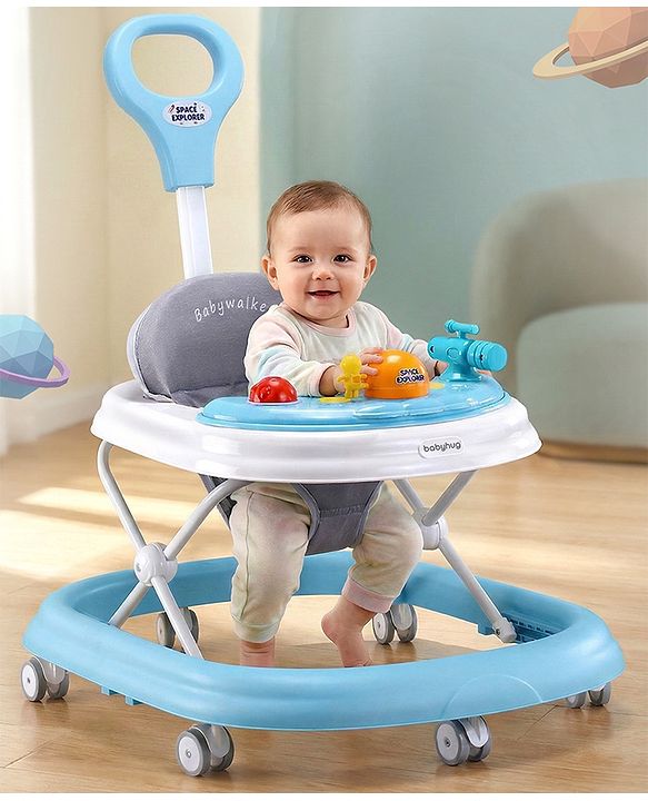 Babyhug Foldable Space Baby Walker with Parental Push Handle & Musical Toy Bar - Grey| Cushion Seat| Adjustable Height| Smooth Swivel Wheels| Removable Parental Handle