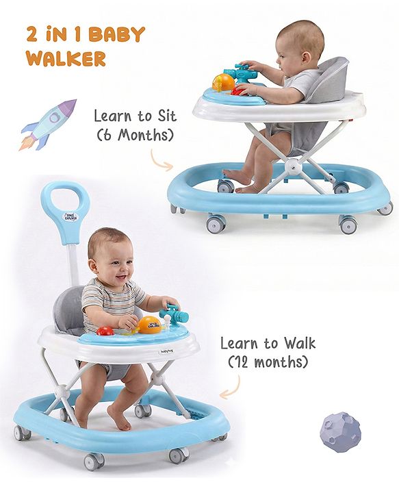 Babyhug Foldable Space Baby Walker with Parental Push Handle & Musical Toy Bar - Grey| Cushion Seat| Adjustable Height| Smooth Swivel Wheels| Removable Parental Handle