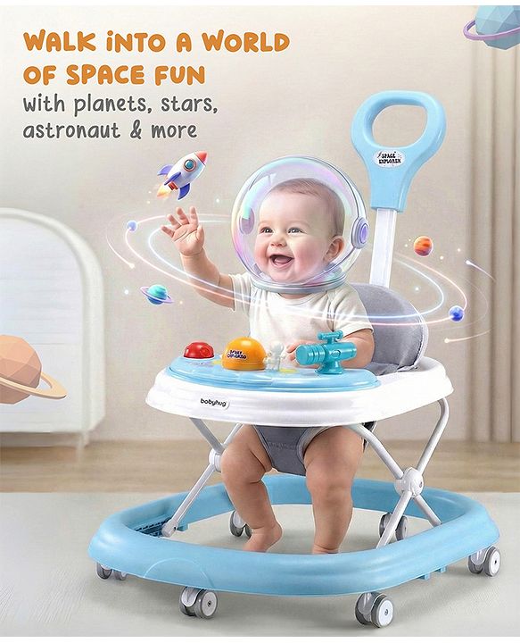 Babyhug Foldable Space Baby Walker with Parental Push Handle & Musical Toy Bar - Grey| Cushion Seat| Adjustable Height| Smooth Swivel Wheels| Removable Parental Handle