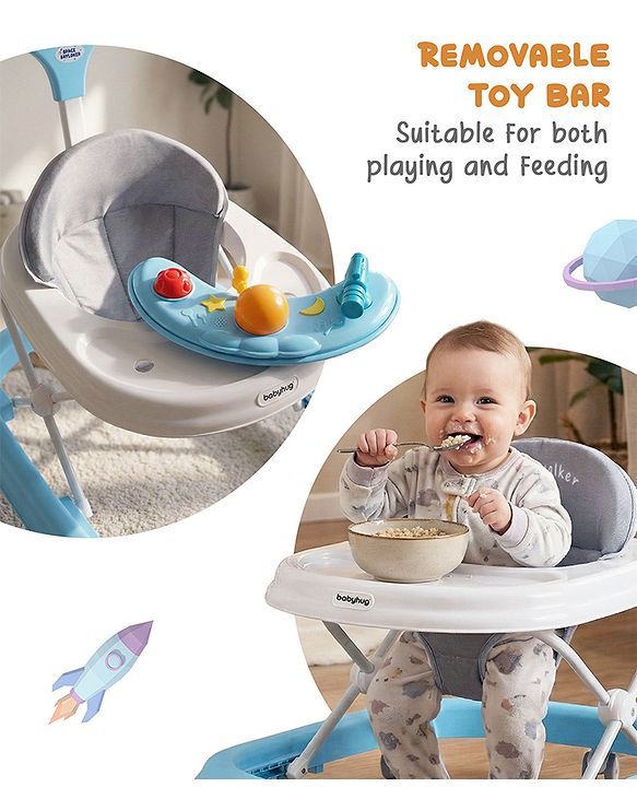 Babyhug Foldable Space Baby Walker with Parental Push Handle & Musical Toy Bar - Grey| Cushion Seat| Adjustable Height| Smooth Swivel Wheels| Removable Parental Handle