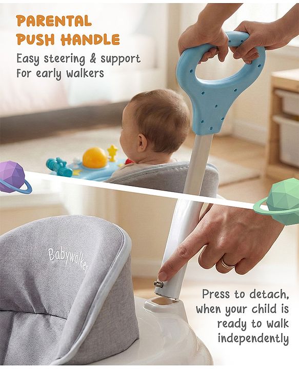Babyhug Foldable Space Baby Walker with Parental Push Handle & Musical Toy Bar - Grey| Cushion Seat| Adjustable Height| Smooth Swivel Wheels| Removable Parental Handle