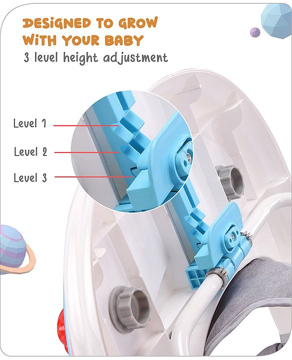 Babyhug Foldable Space Baby Walker with Parental Push Handle & Musical Toy Bar - Grey| Cushion Seat| Adjustable Height| Smooth Swivel Wheels| Removable Parental Handle