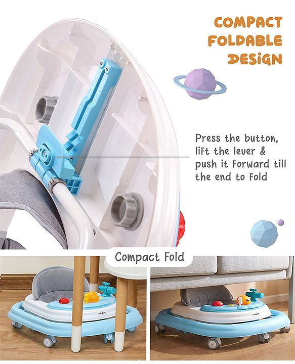 Babyhug Foldable Space Baby Walker with Parental Push Handle & Musical Toy Bar - Grey| Cushion Seat| Adjustable Height| Smooth Swivel Wheels| Removable Parental Handle