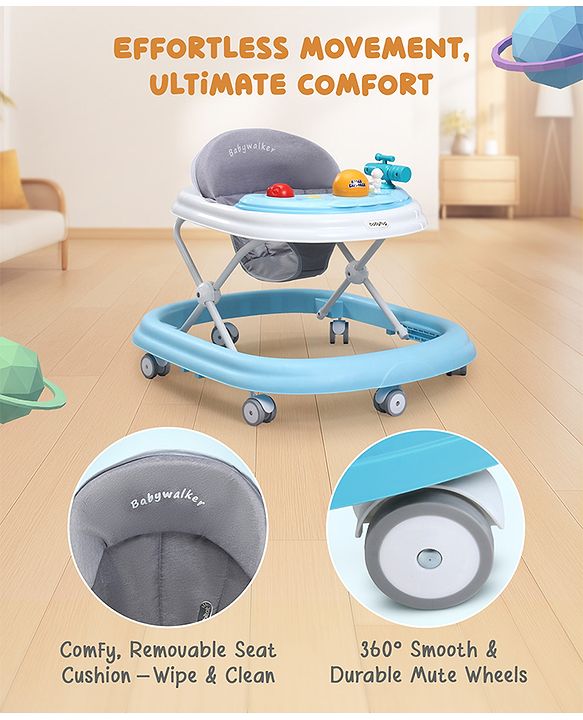 Babyhug Foldable Space Baby Walker with Parental Push Handle & Musical Toy Bar - Grey| Cushion Seat| Adjustable Height| Smooth Swivel Wheels| Removable Parental Handle