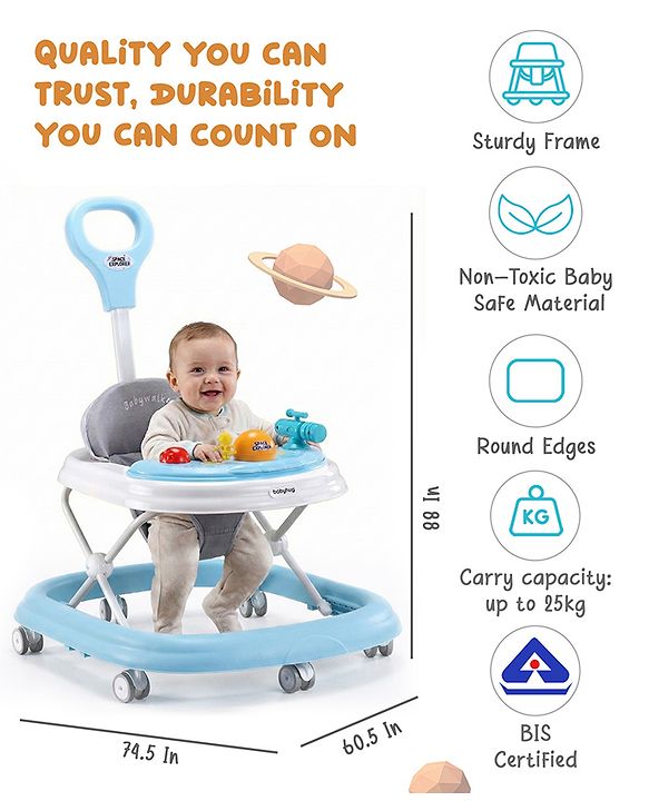 Babyhug Foldable Space Baby Walker with Parental Push Handle & Musical Toy Bar - Grey| Cushion Seat| Adjustable Height| Smooth Swivel Wheels| Removable Parental Handle