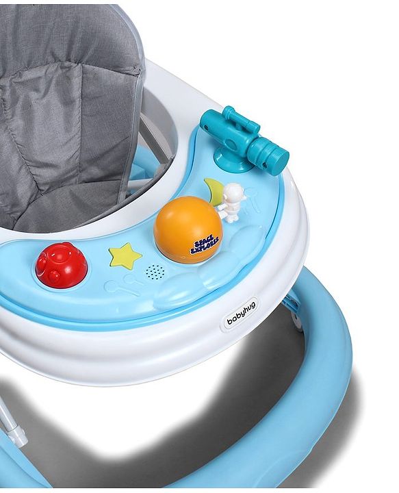 Babyhug Foldable Space Baby Walker with Parental Push Handle & Musical Toy Bar - Grey| Cushion Seat| Adjustable Height| Smooth Swivel Wheels| Removable Parental Handle