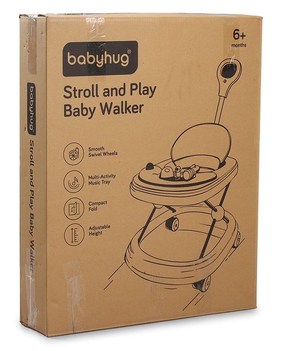 Babyhug Foldable Space Baby Walker with Parental Push Handle & Musical Toy Bar - Grey| Cushion Seat| Adjustable Height| Smooth Swivel Wheels| Removable Parental Handle