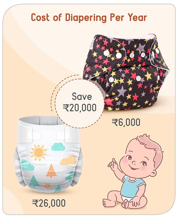 Babyhug Reusable Cloth Diaper With Insert Elephants Icecream & Deer Prints Pack  of 3 - Purple Blue Pink