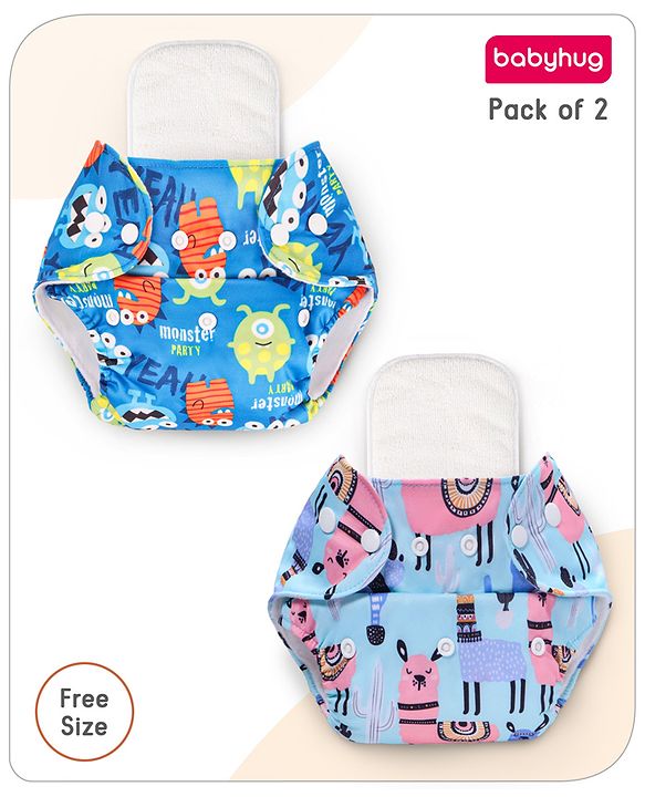 Babyhug Reusable Cloth Diaper With Insert Elephants Icecream & Deer Prints Pack  of 3 - Purple Blue Pink