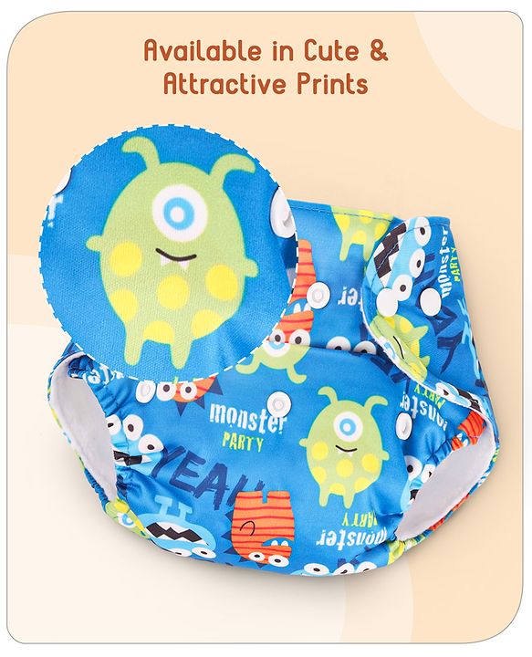 Babyhug Reusable Cloth Diaper With Insert Elephants Icecream & Deer Prints Pack  of 3 - Purple Blue Pink