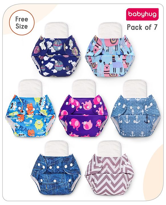 Babyhug Reusable Cloth Diaper With Insert Elephants Icecream & Deer Prints Pack  of 3 - Purple Blue Pink