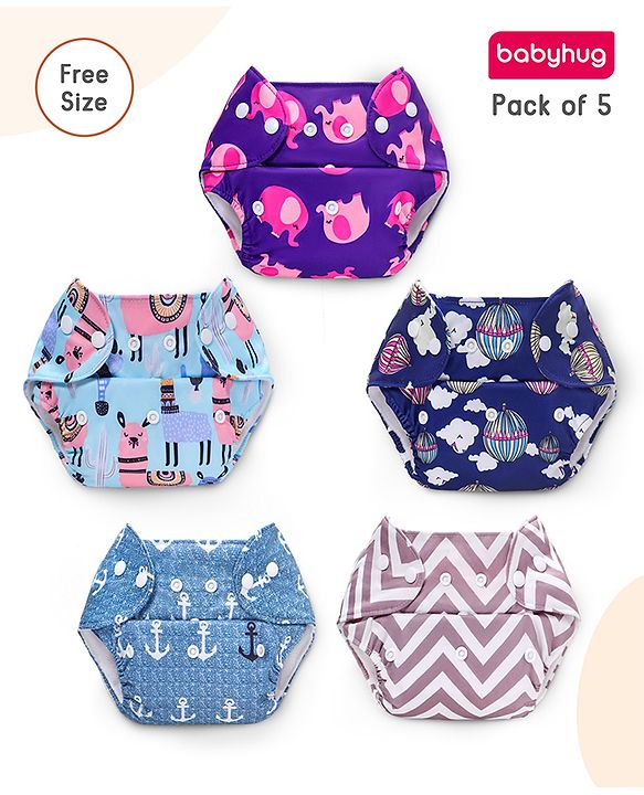 Babyhug Printed Free Size Reusable Cloth Diaper Without Insert ( Shell Only ) Pack of 5 - Multicolour