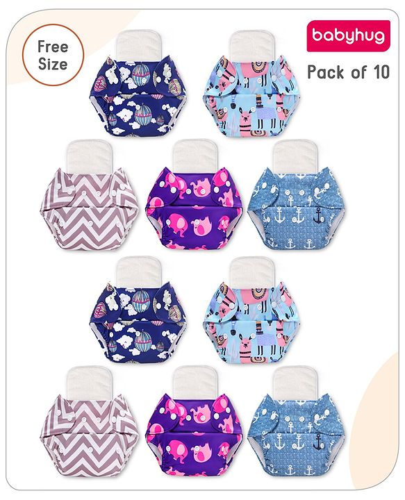 Babyhug Free Size Reusable Printed Cloth Diaper with Inserts Pack of 10 - Multicolour