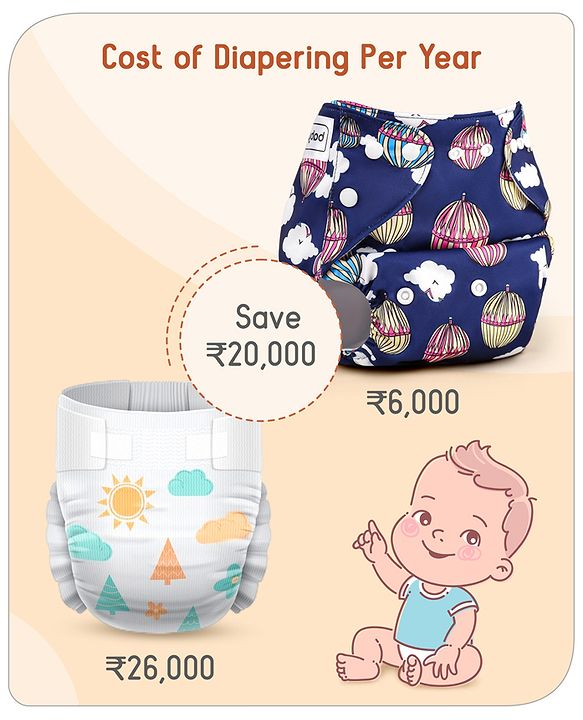 Babyhug Free Size Reusable Printed Cloth Diaper with Inserts Pack of 10 - Multicolour