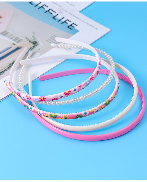 Pine Kids Hair Bands with Pearls & Floral Print Pack Of 5 - White & Pink