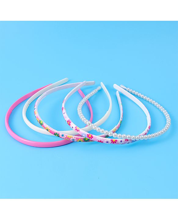 Pine Kids Hair Bands with Pearls & Floral Print Pack Of 5 - White & Pink
