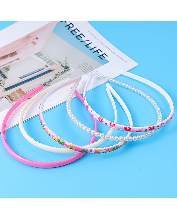 Pine Kids Hair Bands with Pearls & Floral Print Pack Of 5 - White & Pink