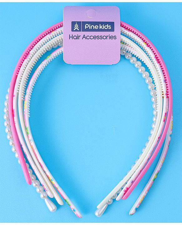 Pine Kids Hair Bands with Pearls & Floral Print Pack Of 5 - White & Pink