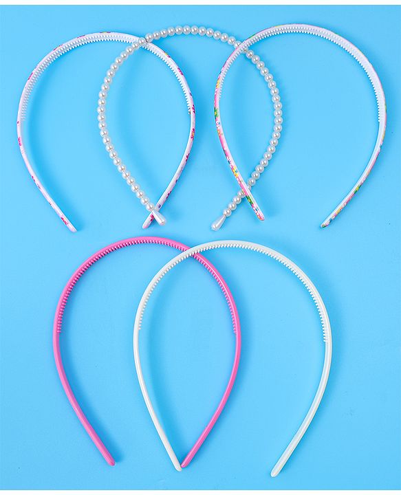 Pine Kids Hair Bands with Pearls & Floral Print Pack Of 5 - White & Pink