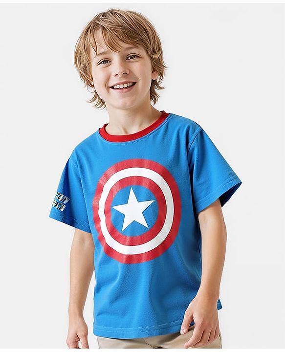 Pine Kids Marvel Terry Knit Half Sleeve Drop Shoulder T-Shirt With Captain America Graphic - Blue