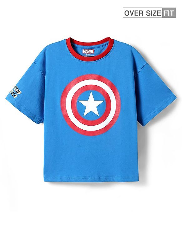 Pine Kids Marvel Terry Knit Half Sleeve Drop Shoulder T-Shirt With Captain America Graphic - Blue