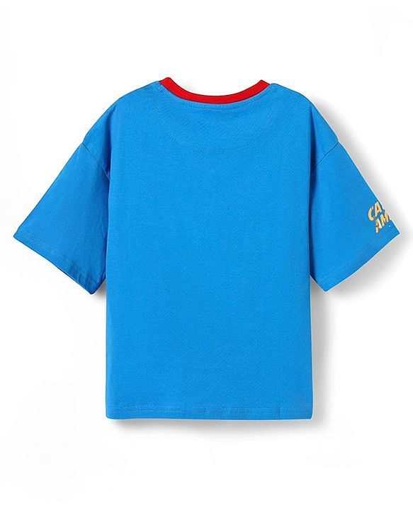 Pine Kids Marvel Terry Knit Half Sleeve Drop Shoulder T-Shirt With Captain America Graphic - Blue