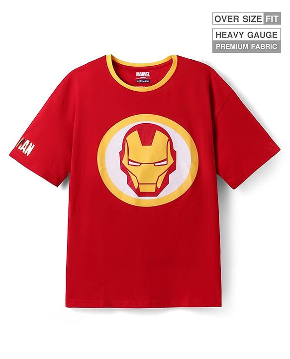 Pine Kids Marvel Terry Knit Half Sleeves Drop Shoulder Light Oversize T-Shirt With Iron Man Graphic & Gold Foil Detailing - Red