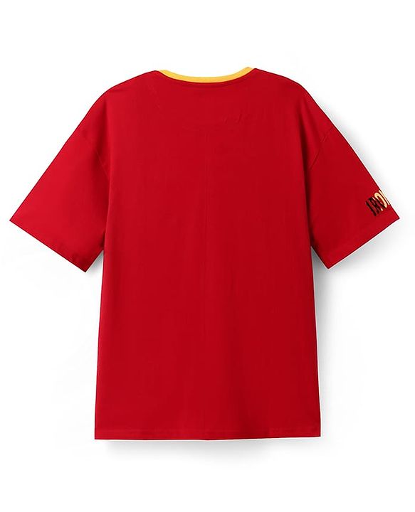 Pine Kids Marvel Terry Knit Half Sleeves Drop Shoulder Light Oversize T-Shirt With Iron Man Graphic & Gold Foil Detailing - Red
