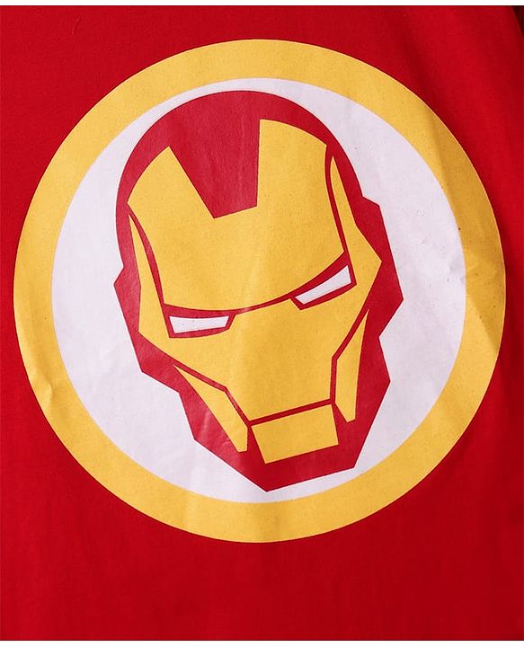 Pine Kids Marvel Terry Knit Half Sleeves Drop Shoulder Light Oversize T-Shirt With Iron Man Graphic & Gold Foil Detailing - Red