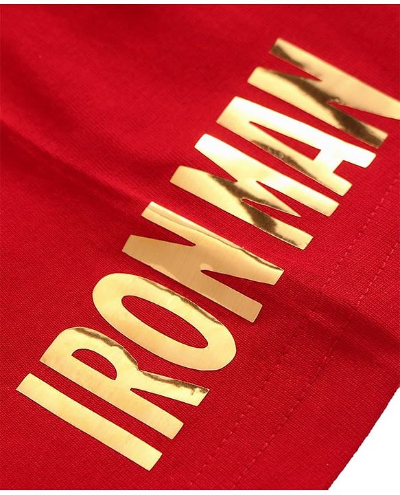 Pine Kids Marvel Terry Knit Half Sleeves Drop Shoulder Light Oversize T-Shirt With Iron Man Graphic & Gold Foil Detailing - Red