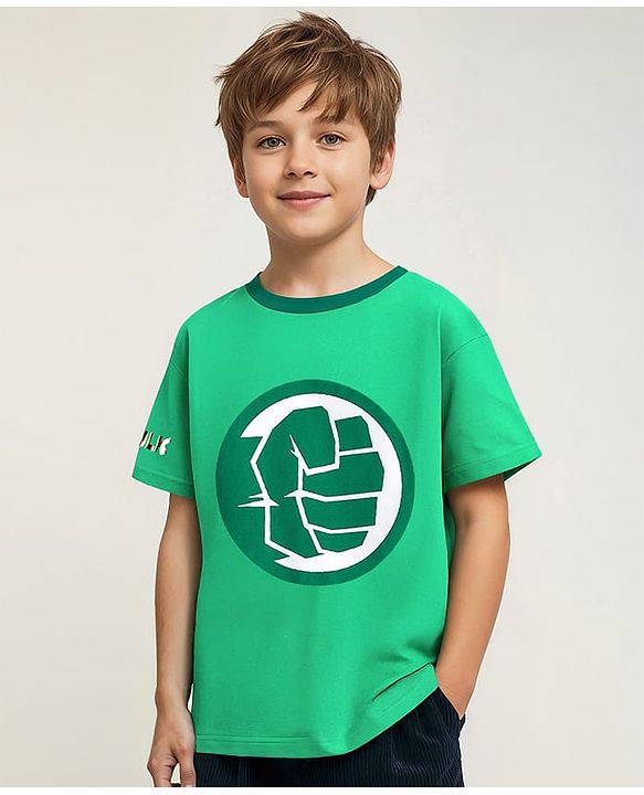 Pine Kids Marvel Terry Knit Half Sleeve Drop Shoulder T-Shirt With Hulk Graphic & Gold Foil Detailing - Green