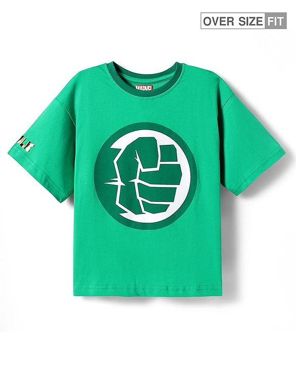 Pine Kids Marvel Terry Knit Half Sleeve Drop Shoulder T-Shirt With Hulk Graphic & Gold Foil Detailing - Green