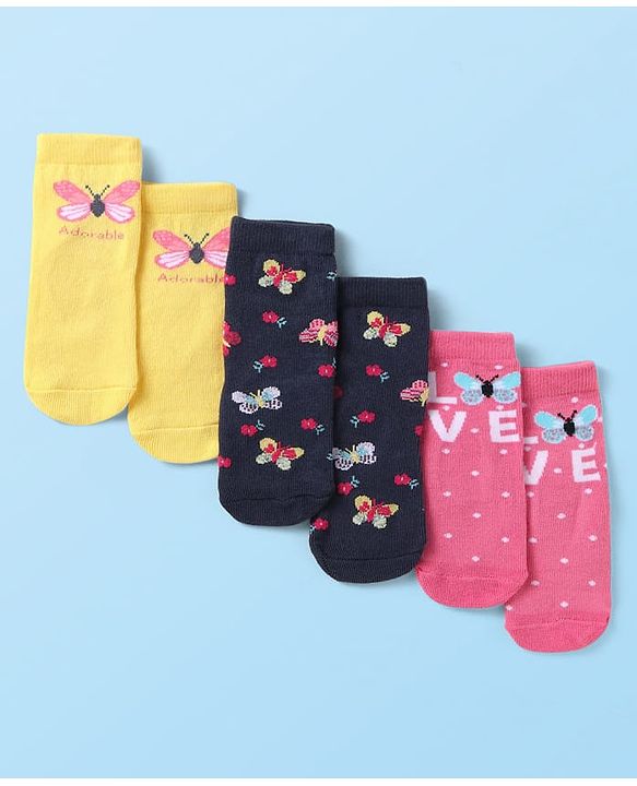 Cute Walk by Babyhug Cotton Anti Bacterial Ankle Length Socks Heart & Stripes Design Pack of 5 - Multicolour main image 1