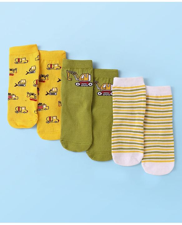 Cute Walk By Babyhug Knit Ankle Length Anti-Bacterial Socks with Stripes & Vehicle Design Pack of 3 - Yellow & Green