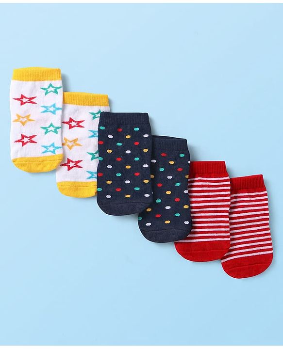 Cute Walk by Babyhug Ankle Length Antibacterial Cotton Socks Stripe Design Pack Of 5 - Blue Grey Red Orange main image 0
