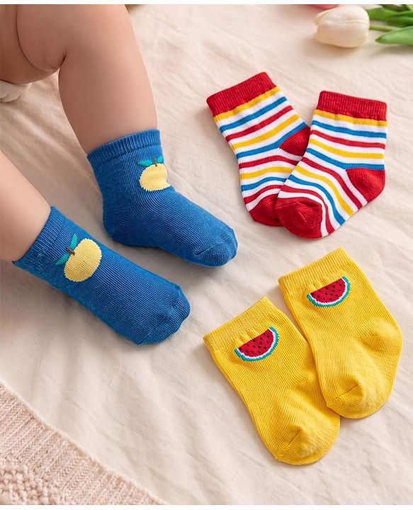 Cute Walk By Babyhug Anti-Bacterial Ankle Length Socks With Stripe & Fruit Design Pack of 3 - Red & Blue