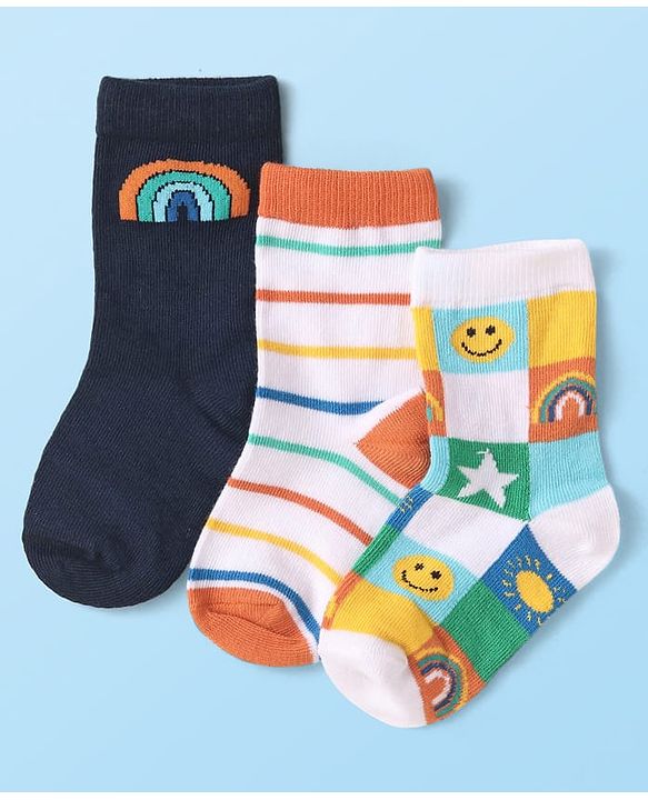 Cute Walk by Babyhug Anti-Bacterial Ankle Length Striped & Football Design Socks Pack of 3 - White Black & Yellow main image 0
